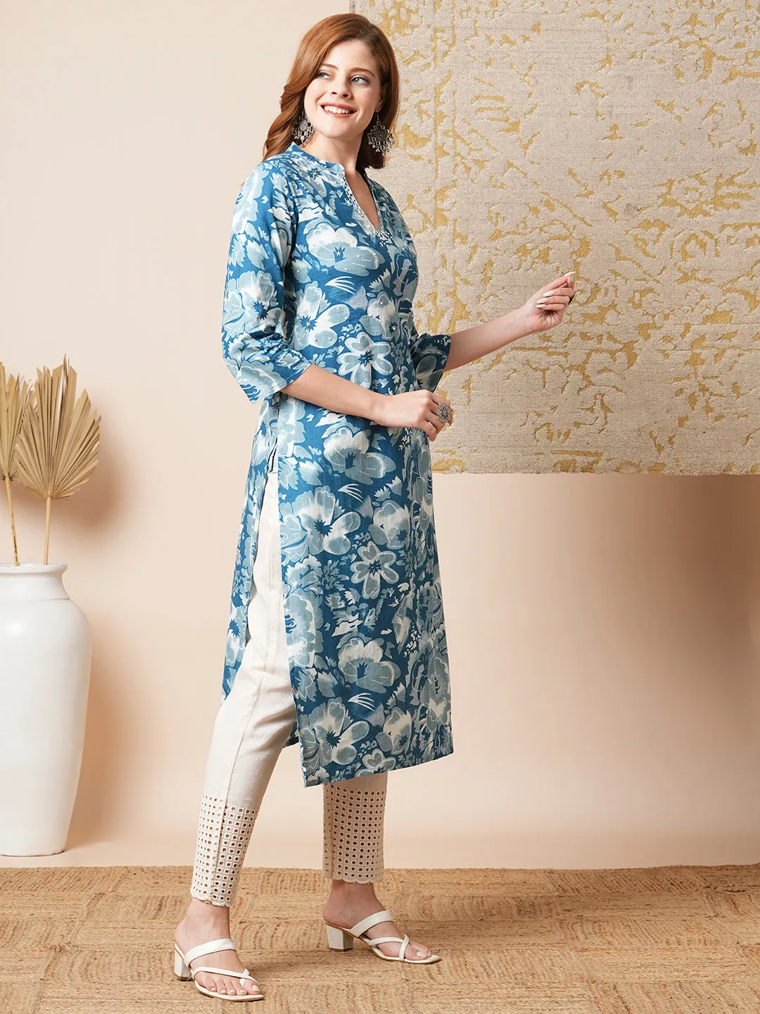 Abstract Floral Printed Straight Fit Kurta - Blue